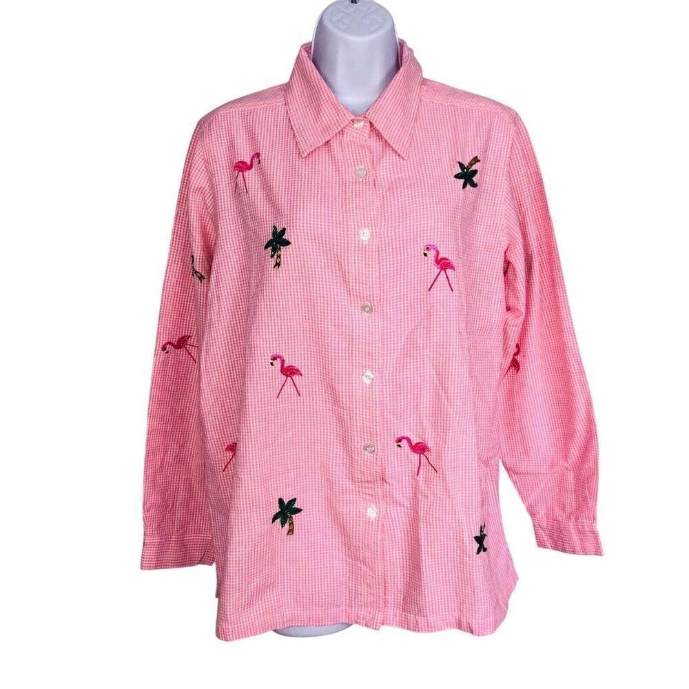 Quaker Factory Womens M Shirt Pink Checkered Flamingo Palm Trees Long Sleeve